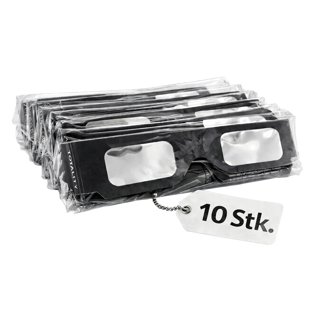 Zehn schwarze Sonnenfinsternisbrillen in Kunststoffverpackung mit Aufdruck 10 Stk.