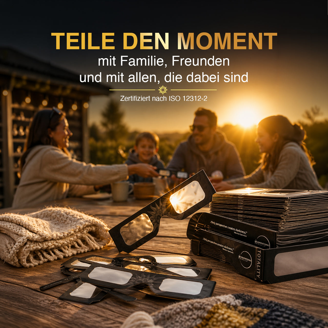 Familie am Tisch bei Sonnenuntergang mit schwarzen Schutzbrillen und Text Teile den Moment