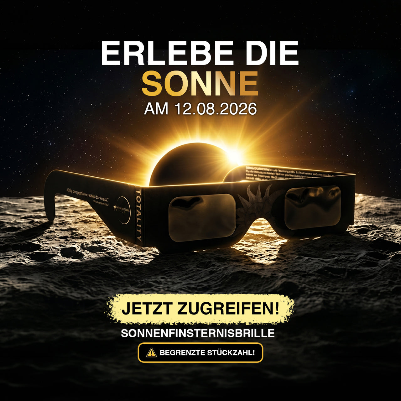 Schwarze Schutzbrille vor Sonnenfinsternis-Grafik mit Datum 12.08.2026 und Text Jetzt zugreifen