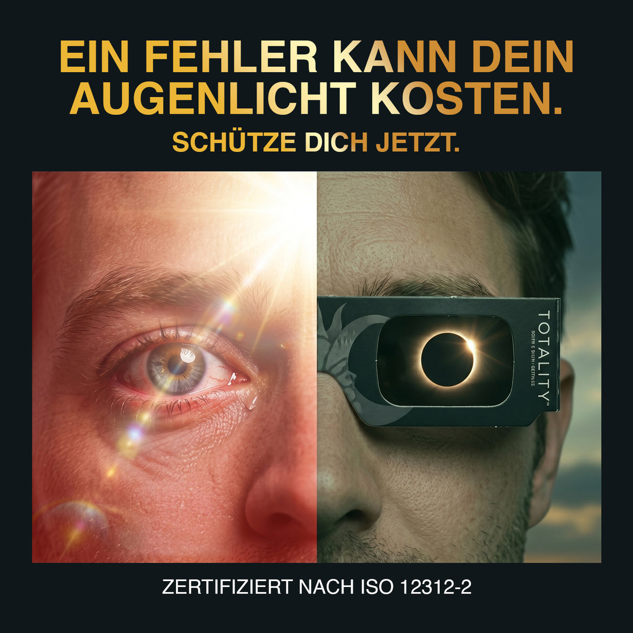 Geteiltes Bild mit Auge bei hellem Licht und Mann mit schwarzer Schutzbrille vor Sonnenfinsternis