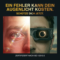 Thumbnail for Geteiltes Bild mit Auge bei hellem Licht und Mann mit schwarzer Schutzbrille vor Sonnenfinsternis
