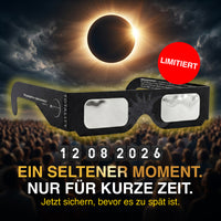 Thumbnail for Schwarze Schutzbrille vor Sonnenfinsternis und Menschenmenge mit Schrift nur für kurze Zeit