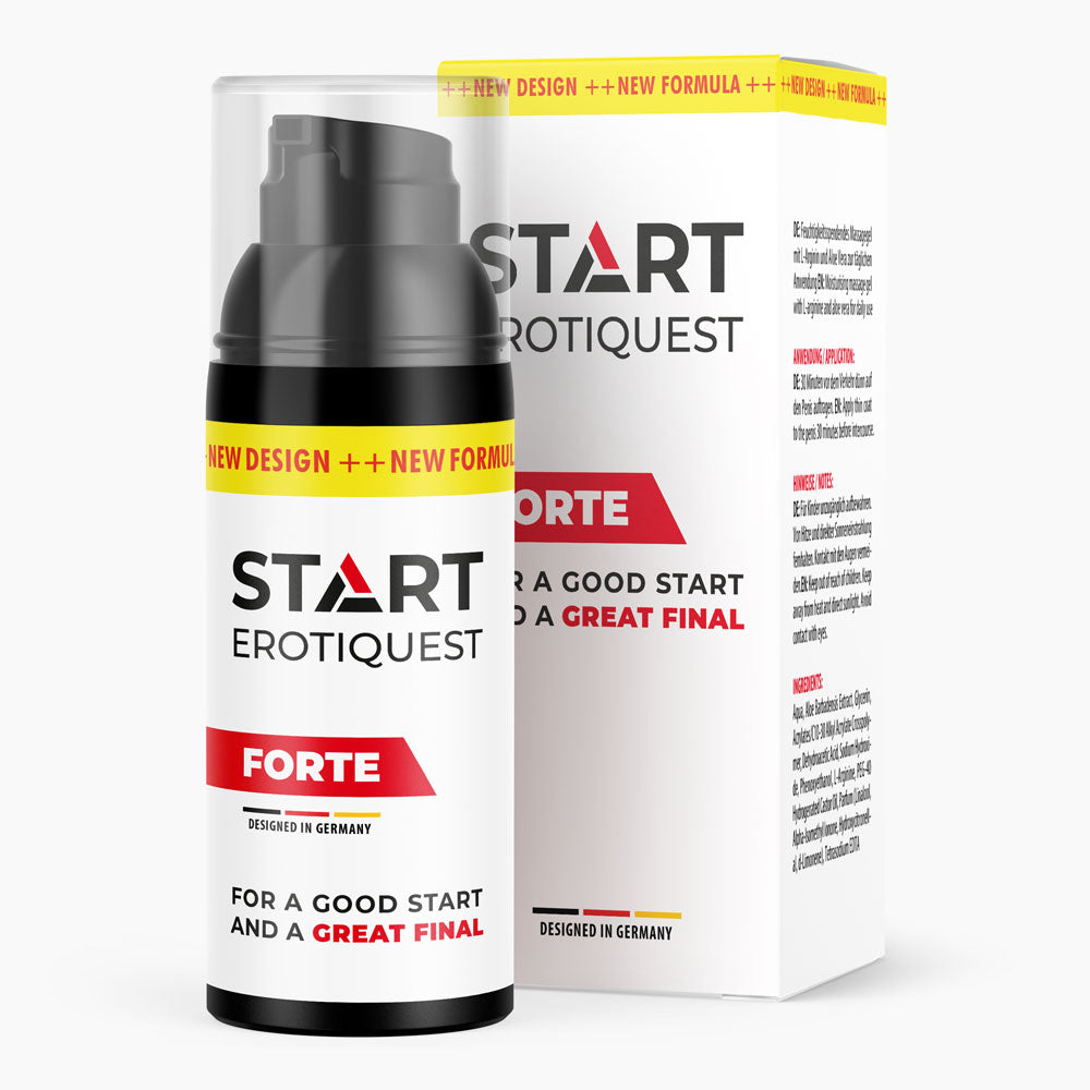 Schwarze Flasche mit Pumpspender und Schrift Start Erotiquest Forte, 50 ml, vor passender Faltschachtel