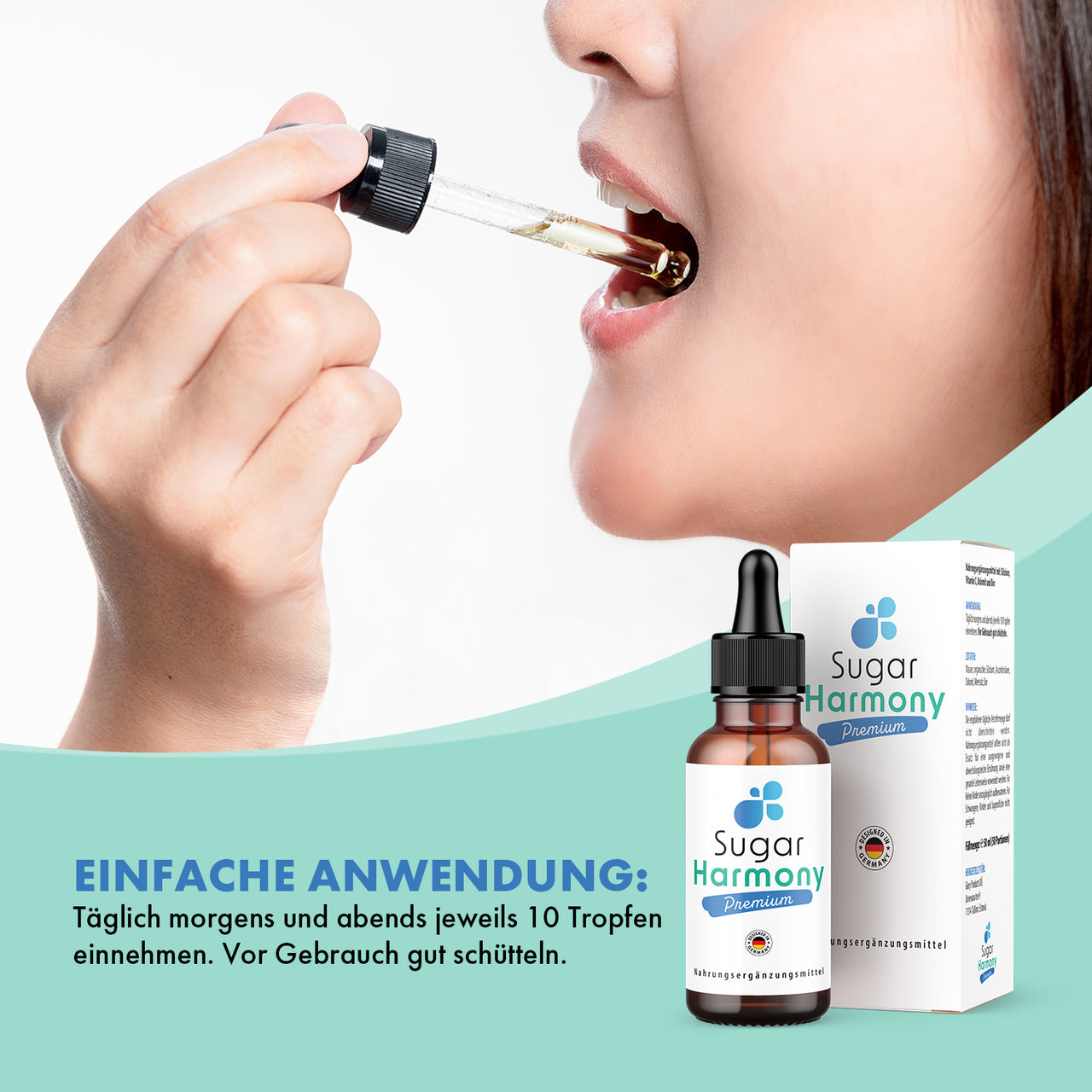 Sugar Harmony Premium Drops Anwendung mit Pipette am Mund, Flasche, Umkarton und Dosierhinweis