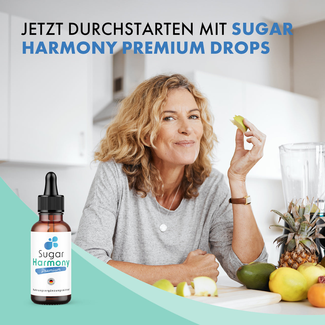Sugar Harmony Premium Drops Dose neben Frau mit Apfelstück und Obstschale in heller Küche