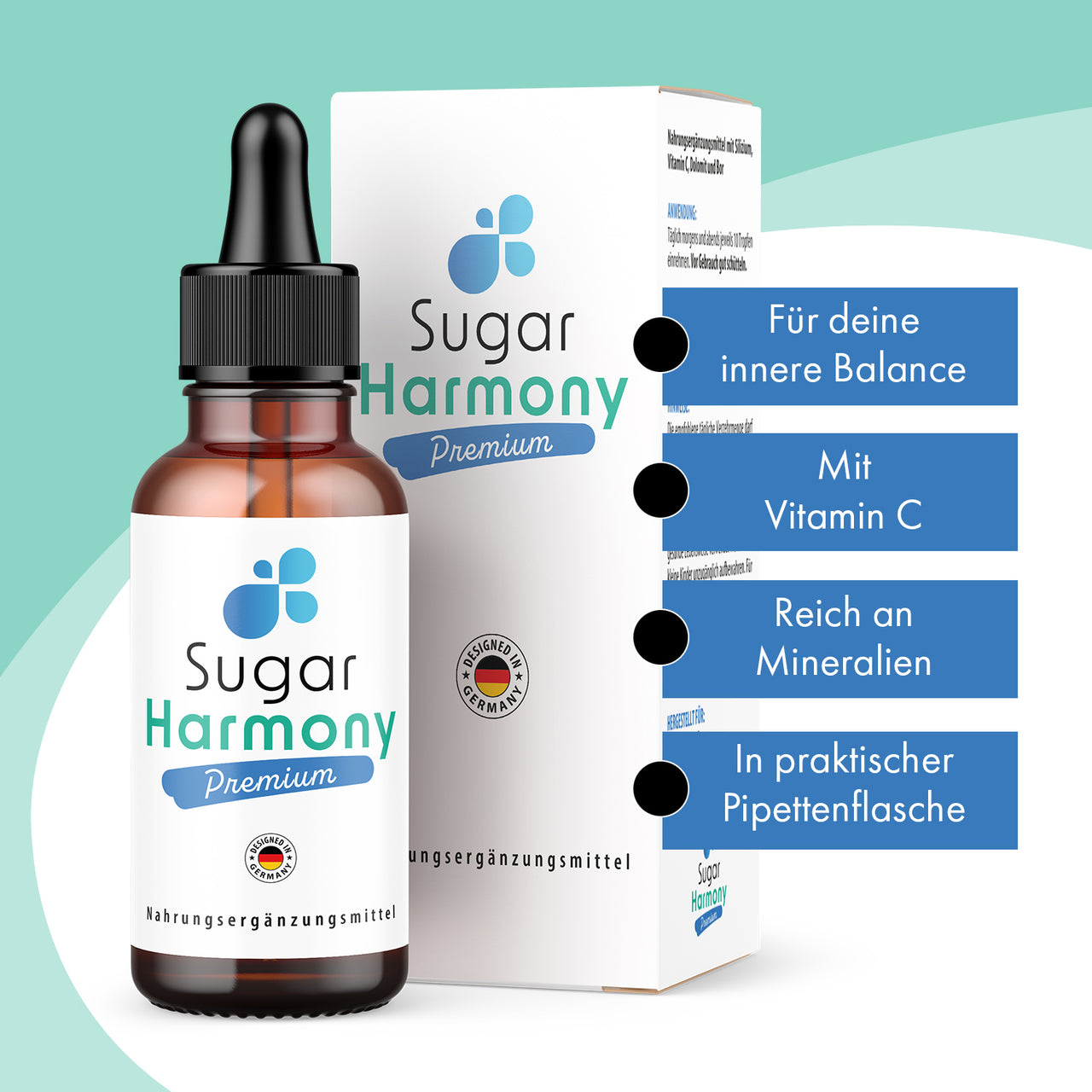Sugar Harmony Premium Drops Flasche mit Umkarton und vier Infopunkten zu Vitamin C und Mineralien