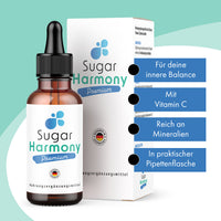 Thumbnail for Sugar Harmony Premium Drops Flasche mit Umkarton und vier Infopunkten zu Vitamin C und Mineralien