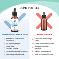 Thumbnail for Sugar Harmony Premium Drops Vergleich mit brauner Pipettenflasche und anderer Flasche mit Vor- und Nachteilen