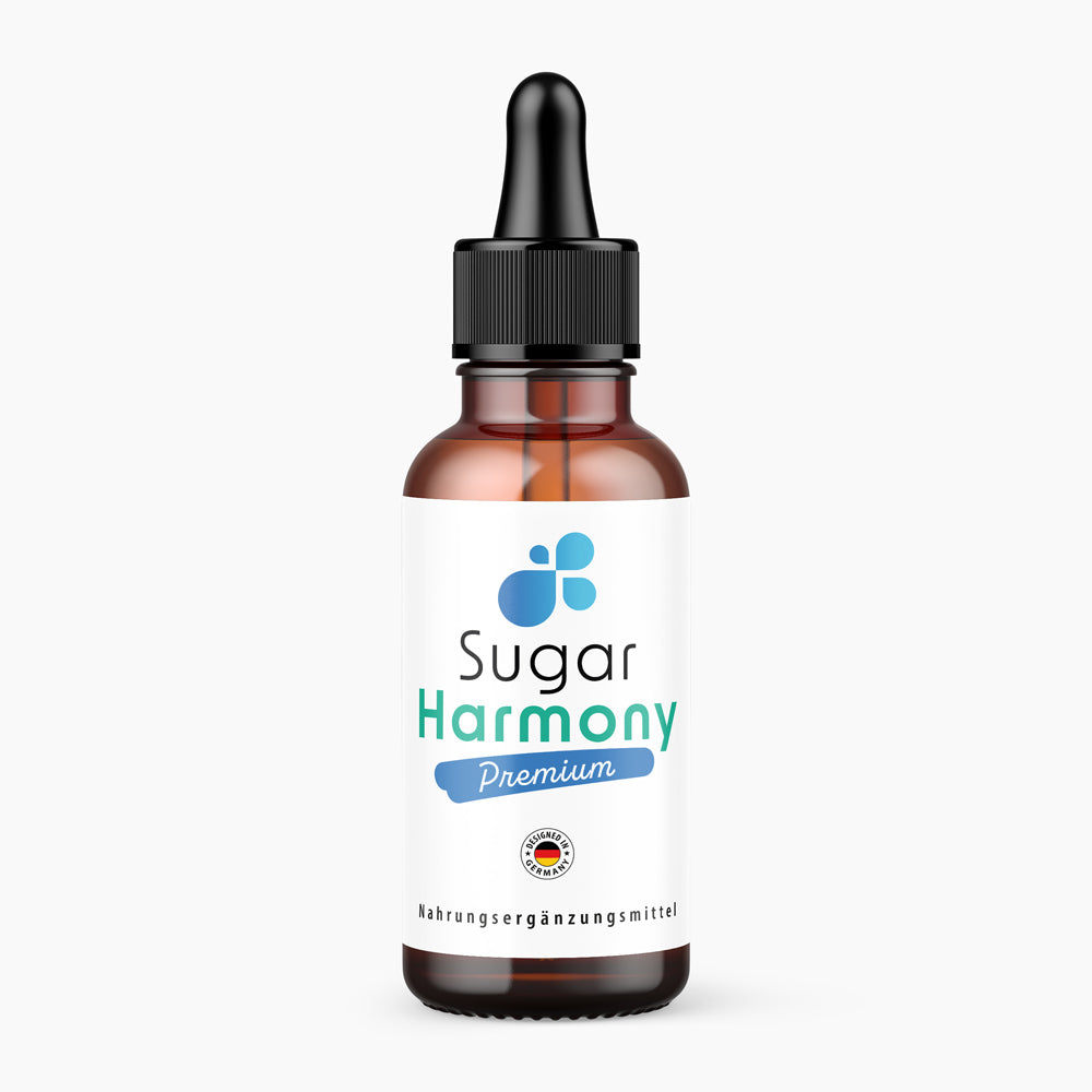 Sugar Harmony Premium Tropfen in brauner Pipettenflasche mit weißem Etikett und schwarzem Deckel