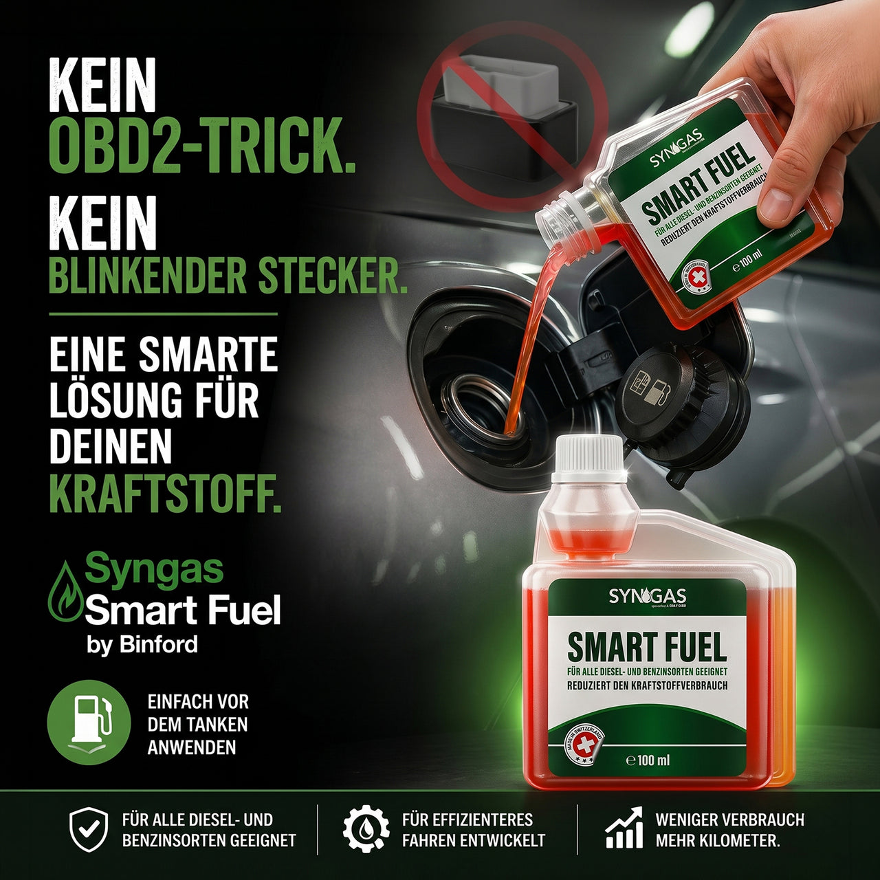 Syngas Smart Fuel beim Einfüllen in den Tank mit Hinweis auf Alternative zu OBD2-Steckern