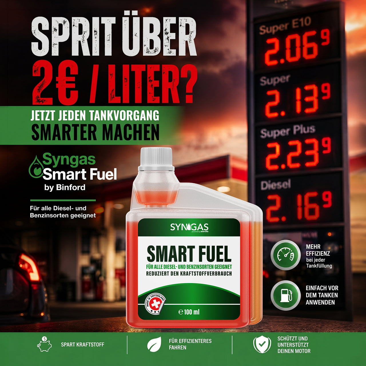 Syngas Smart Fuel Werbemotiv mit Tankstellenpreistafel, Produktbild und Hinweisen zu Kraftstoffersparnis