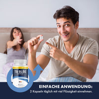 Thumbnail for Person hält zwei Kapseln hoch, daneben TB Blue Complex und Einnahmehinweis zur täglichen Dosierung