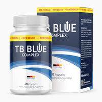 Thumbnail for Dose TB Blue Complex mit blau-weißem Etikett, 60 Kapseln und Produktverpackung im Hintergrund