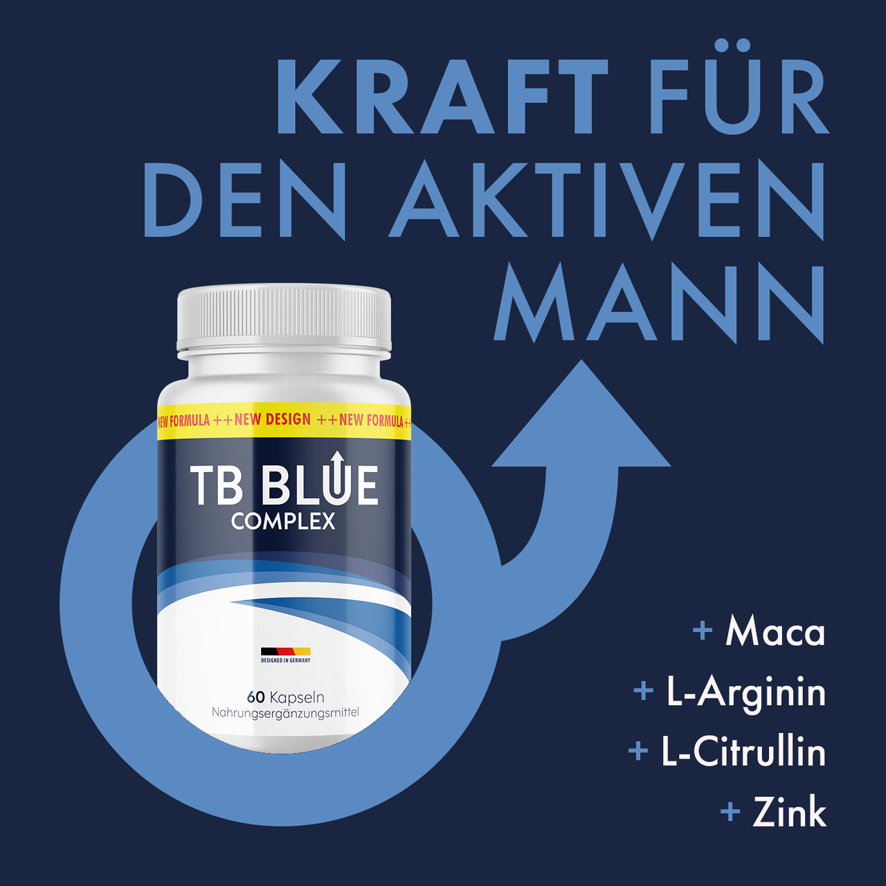 Dose TB Blue Complex mit Text Kraft für den aktiven Mann und Zutaten Maca, L-Arginin und Zink