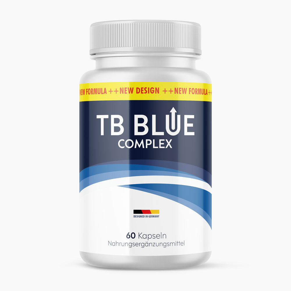 TB Blue Complex Dose mit blau-weißem Etikett, 60 Kapseln und Aufdruck Nahrungsergänzungsmittel