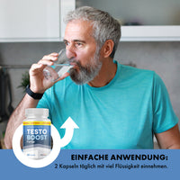 Thumbnail for Grauhaariger Mann trinkt Wasser; Werbegrafik zeigt Testo Boost Forte und Anwendung mit 2 Kapseln
