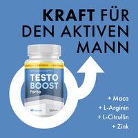 Thumbnail for Testo-Boost-Forte-Dose auf blauer Grafik mit Männer-Symbol, Überschrift und Zutatenliste rechts