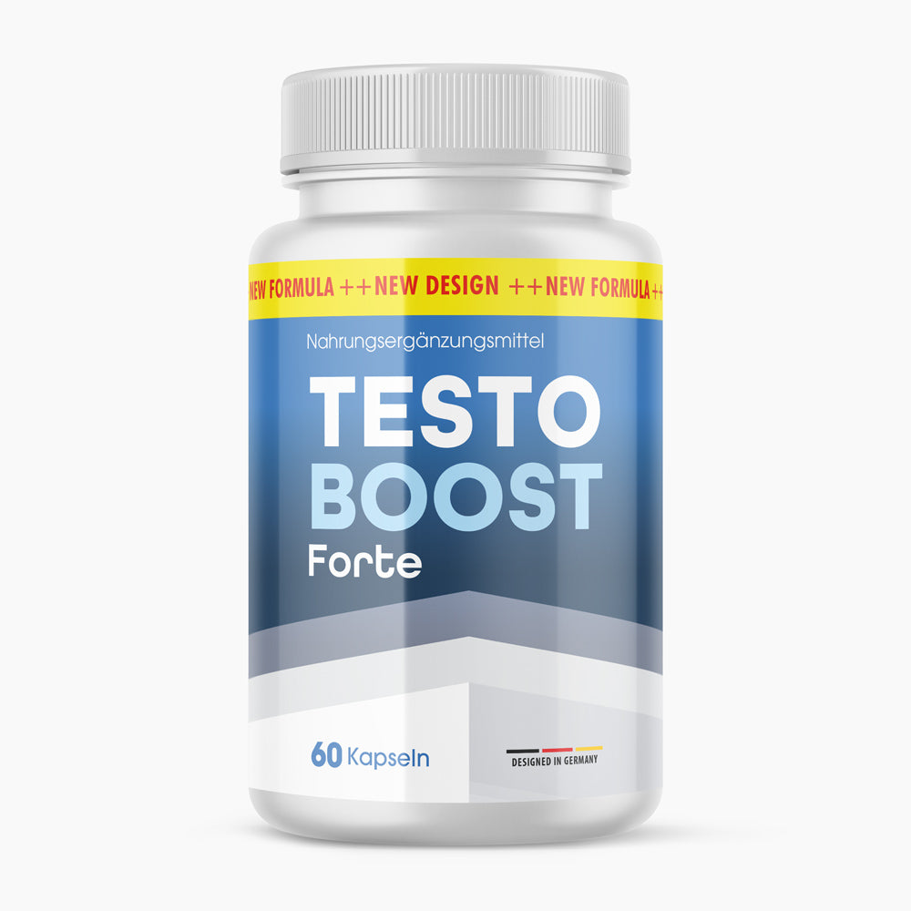 Weiße Dose Testo Boost Forte mit blauem Etikett, 60 Kapseln als Nahrungsergänzungsmittel vorne
