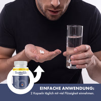 Thumbnail for Anwendungshinweis für Testolib Forte: täglich zwei Kapseln mit viel Flüssigkeit einzunehmen
