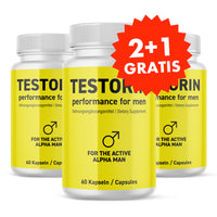 Thumbnail for Drei gelbe Kunststoffdosen mit Schrift Testorin performance for men 60 Kapseln und rotem Aufkleber 2+1 Gratis