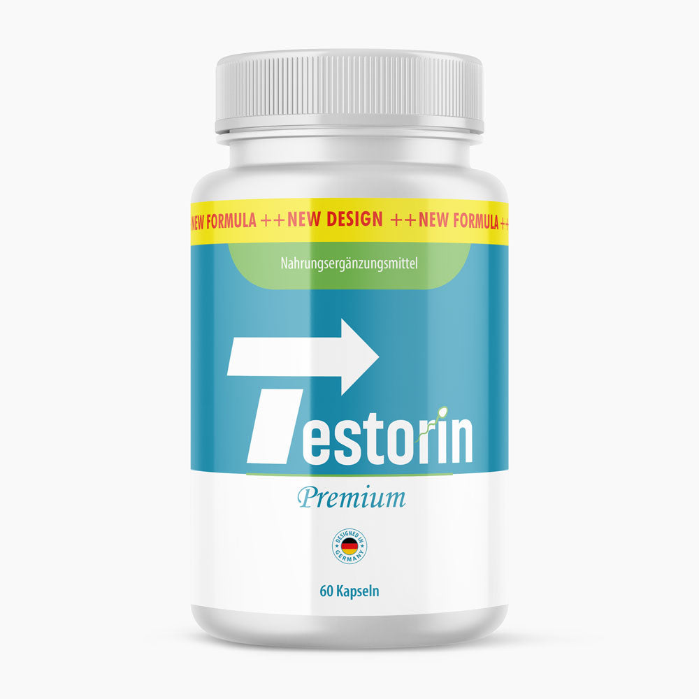 Dose Testorin Premium mit türkisfarbenem Etikett, 60 Kapseln und Hinweis Nahrungsergänzungsmittel