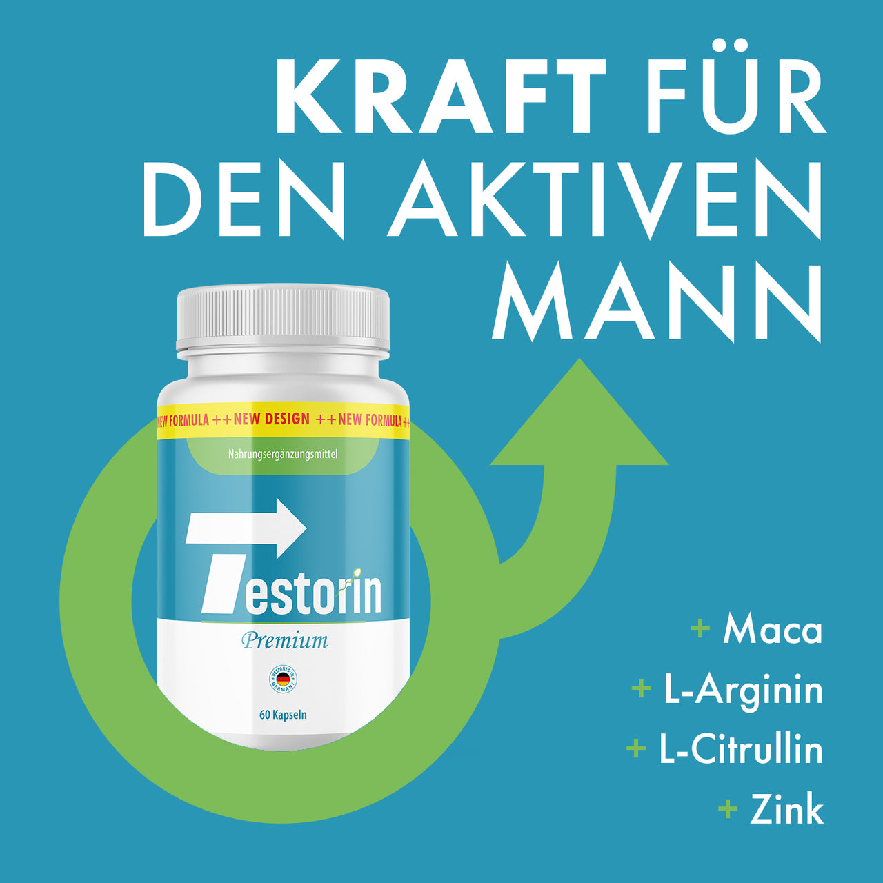 Dose Testorin Premium mit Text Kraft für den aktiven Mann und Zutaten Maca, L-Arginin und Zink