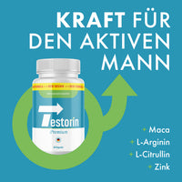 Thumbnail for Dose Testorin Premium mit Text Kraft für den aktiven Mann und Zutaten Maca, L-Arginin und Zink