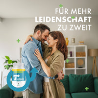 Thumbnail for Paar umarmt sich im Wohnraum neben Testorin Premium und dem Text Für mehr Leidenschaft zu zweit