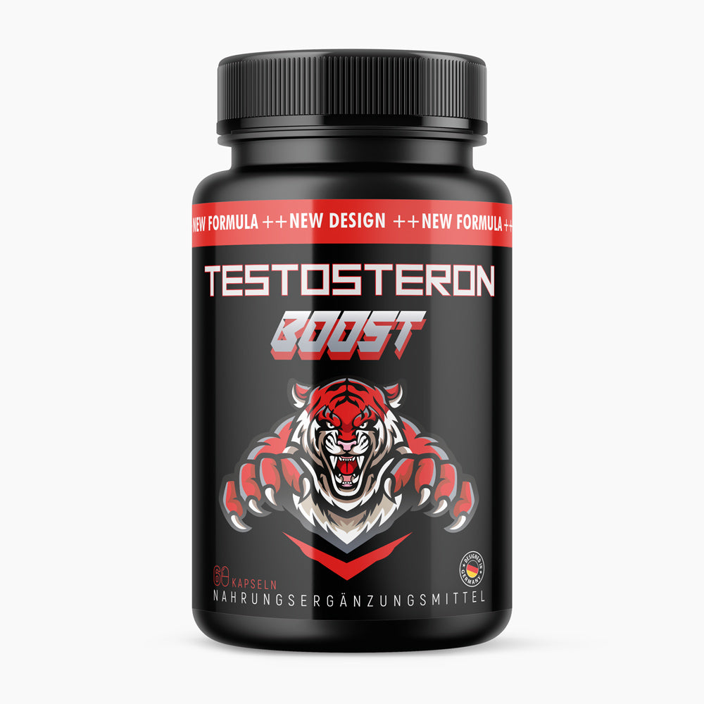 Schwarze Kunststoffdose mit rotem Etikett Testosteron Boost, 60 Kapseln und Tiger mit Krallen