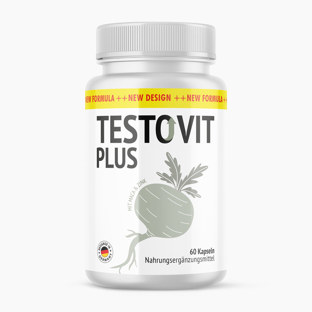 Weiße Kunststoffdose mit grauem Etikett Testovit Plus mit Maca und Zink, 60 Kapseln