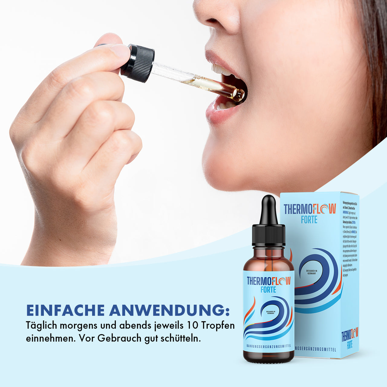 Person nimmt Tropfen mit Pipette ein, daneben Thermoflow Forte Drops Flasche und Verpackung