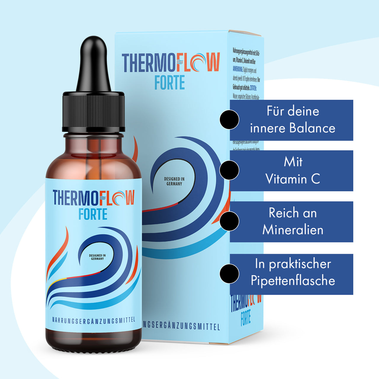 Thermoflow Forte Drops Flasche vor blauer Packung, rechts vier Hinweise zu Vitamin C und Mineralien