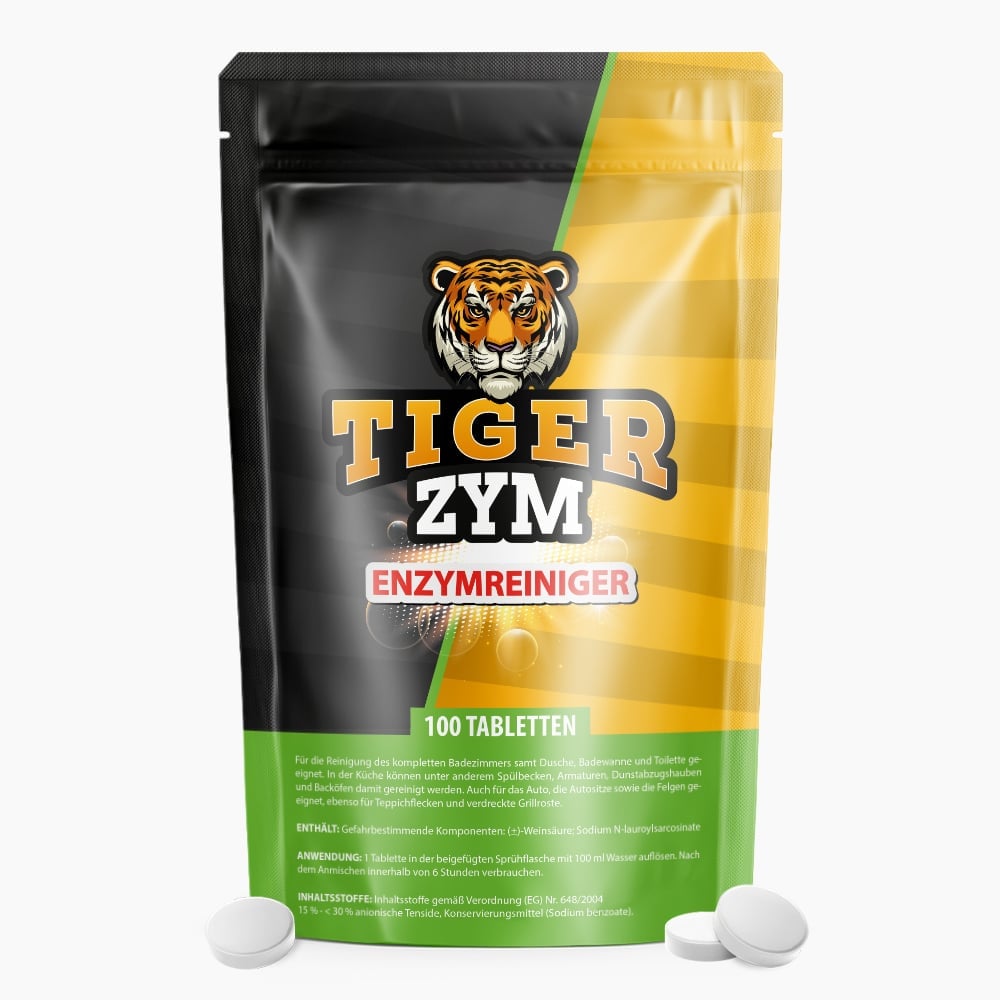 Nachfüllbeutel TIGER ZYM Enzymreiniger mit Tigerkopf-Logo und Aufschrift 100 Tabletten