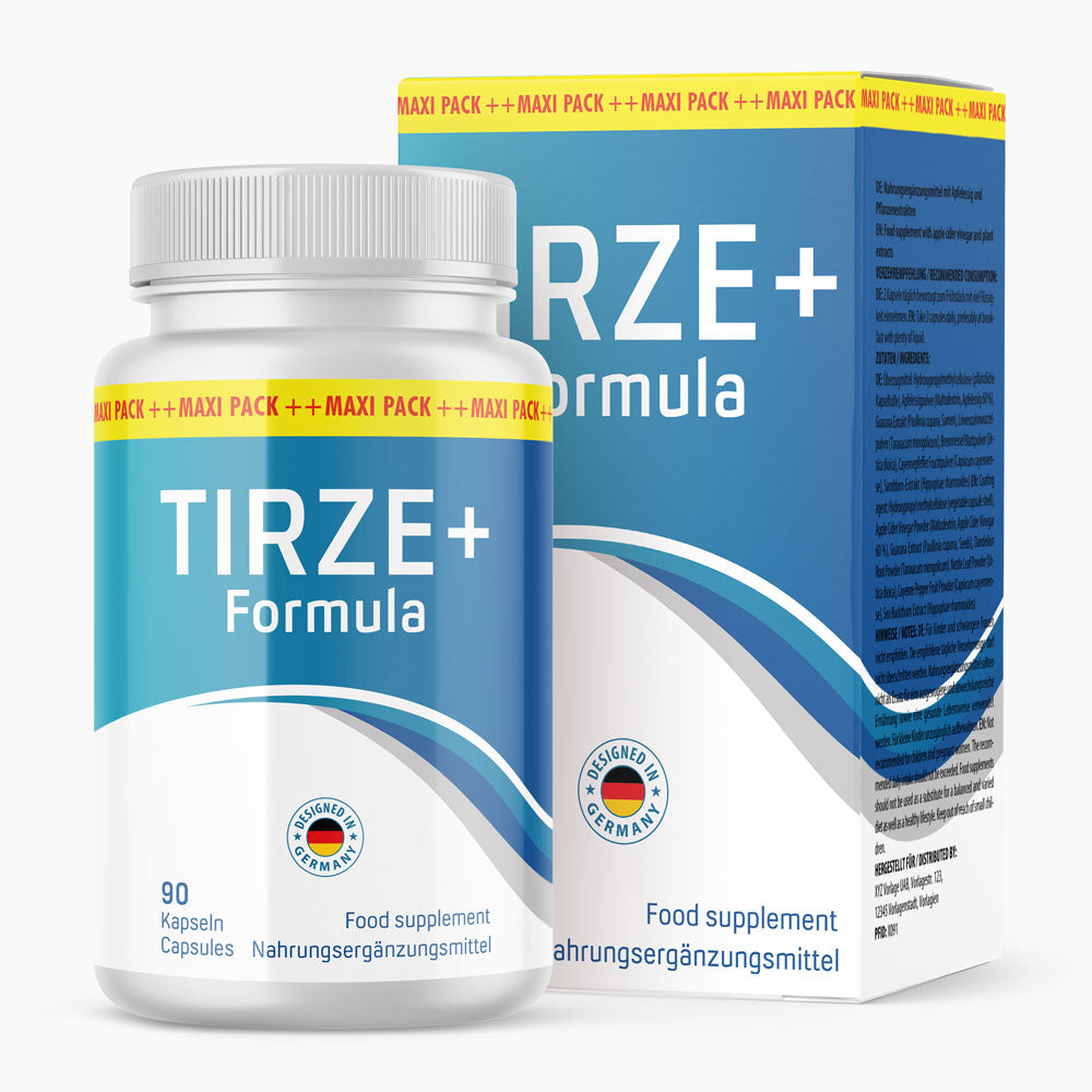 Dose Tirze+ Formula mit blau-weißem Etikett, 90 Kapseln und blauer Produktverpackung dahinter