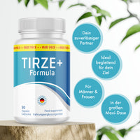 Thumbnail for Dose Tirze+ Formula mit 90 Kapseln auf Holzpodest, daneben vier sichtbare Produktmerkmale in Kreisen