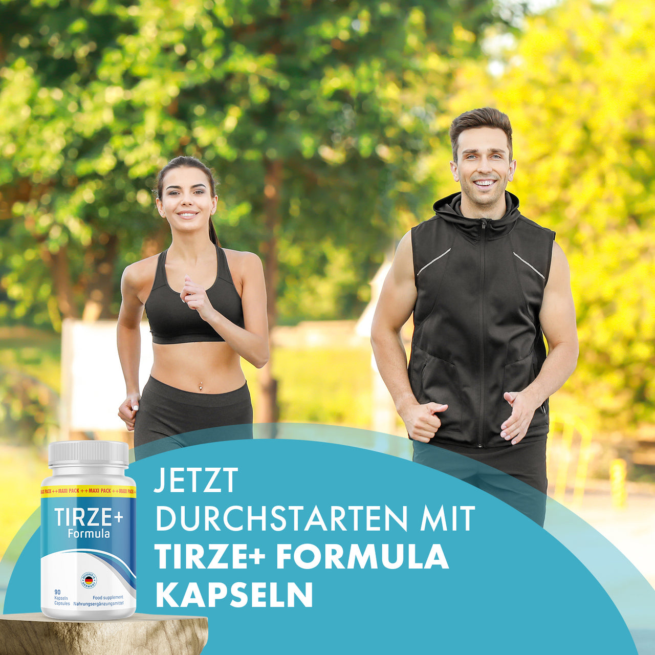 Frau und Mann joggen im Park, daneben Dose Tirze+ Formula und sichtbarer Schriftzug zum Durchstarten