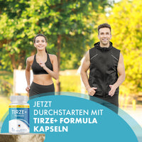 Thumbnail for Frau und Mann joggen im Park, daneben Dose Tirze+ Formula und sichtbarer Schriftzug zum Durchstarten