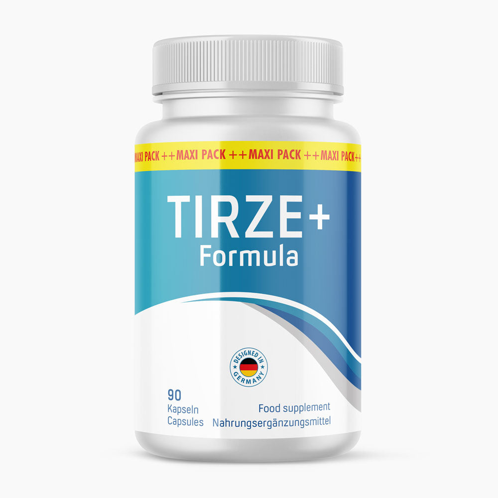 Dose Tirze+ Formula mit blau-weißem Etikett, 90 Kapseln und Hinweis Nahrungsergänzungsmittel