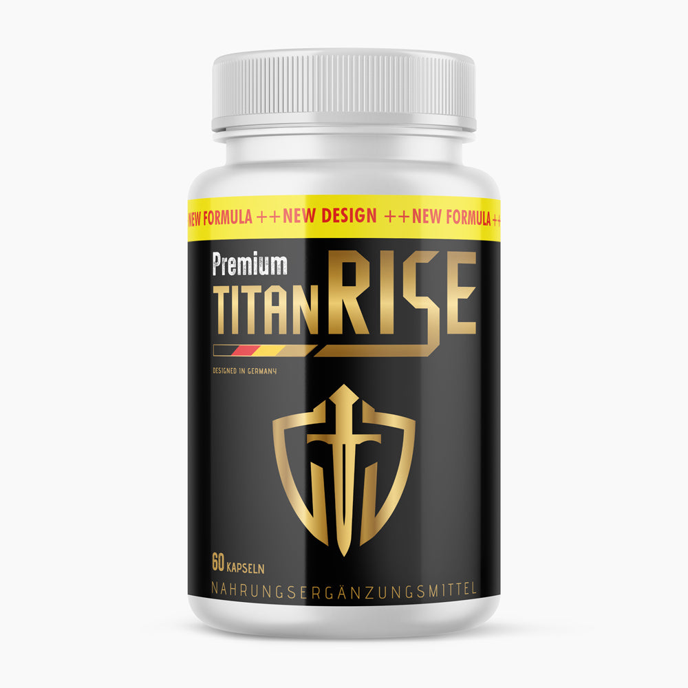 Kunststoffdose mit schwarzem Etikett Premium Titan Rise, 60 Kapseln und goldfarbenem Logo