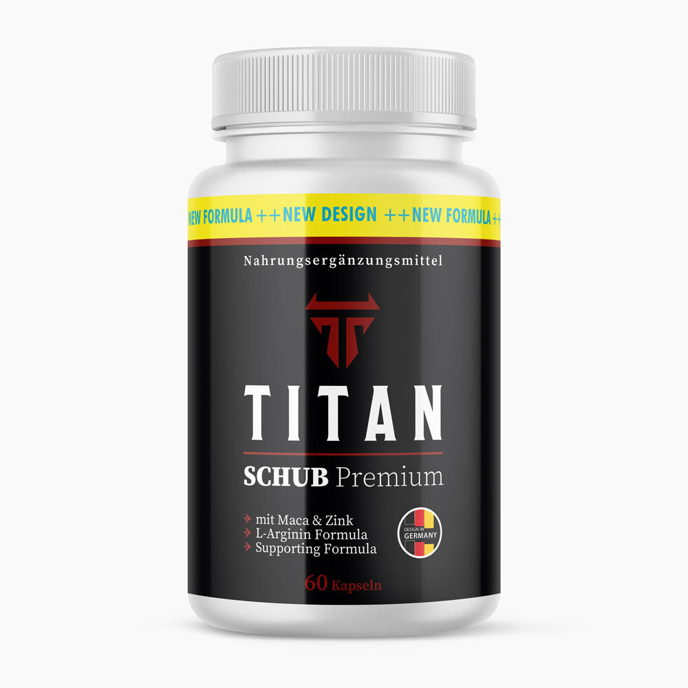 Weiße Dose Titan Schub Premium Nahrungsergänzung mit Etikett und Angabe 60 Kapseln