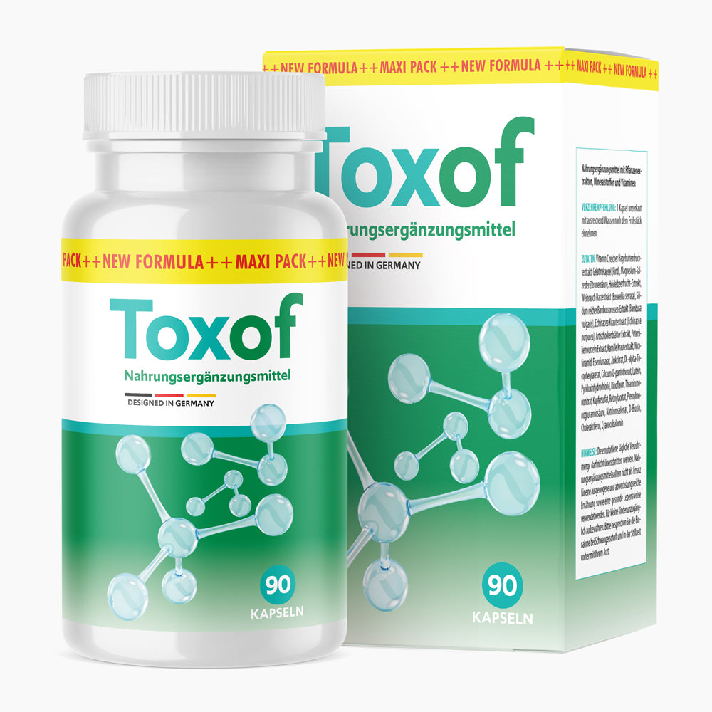 Dose Toxof mit grünem Etikett und Molekülgrafik, 90 Kapseln, vor passender weiß grüner Faltschachtel