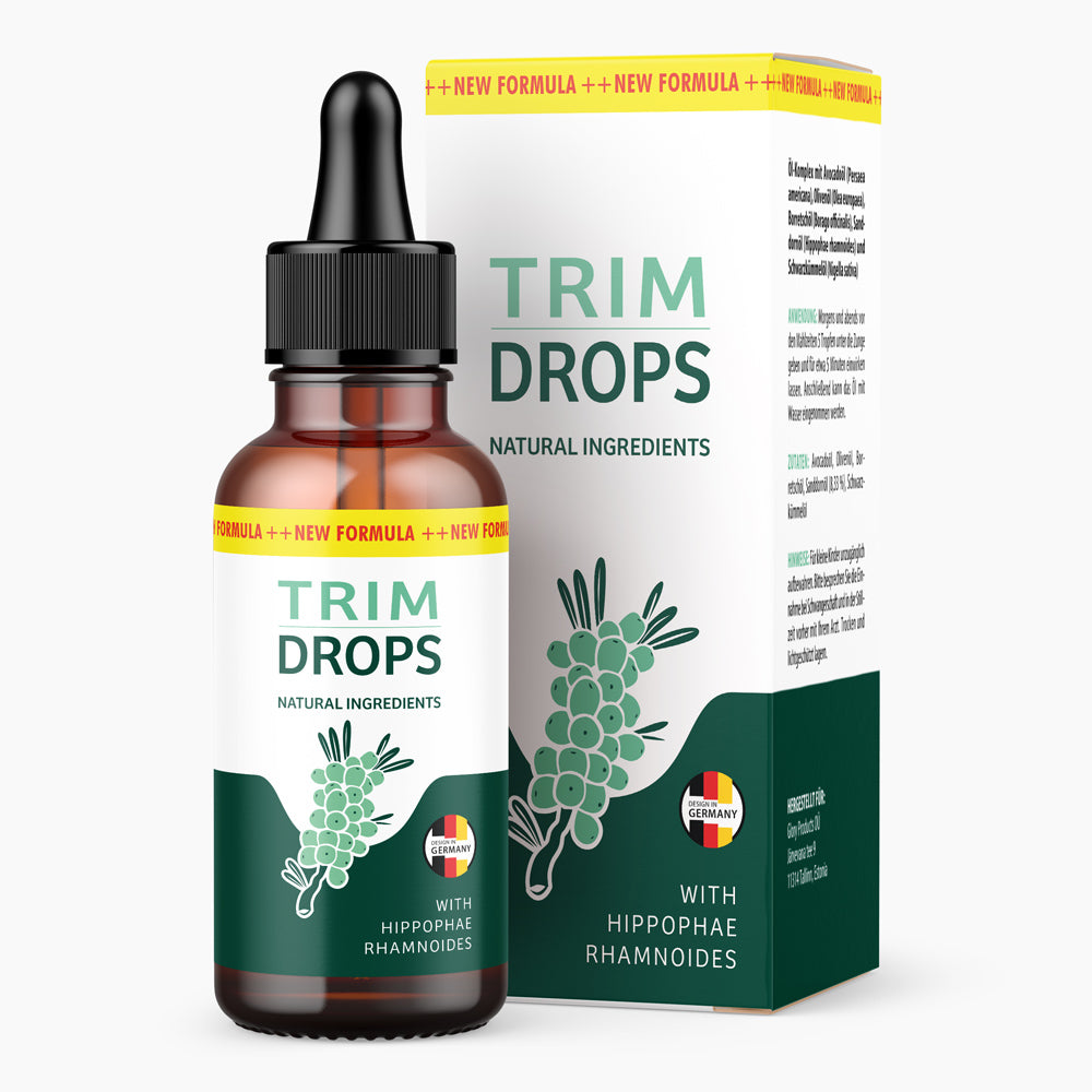 Braune Flasche mit Pipette und Etikett Trim Drops vor passender Faltschachtel mit Pflanze 30 ml