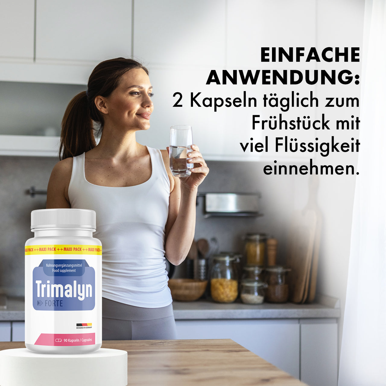 Trimalyn Forte Kapseln: täglich 2 Kapseln zum Frühstück mit viel Flüssigkeit einnehmen