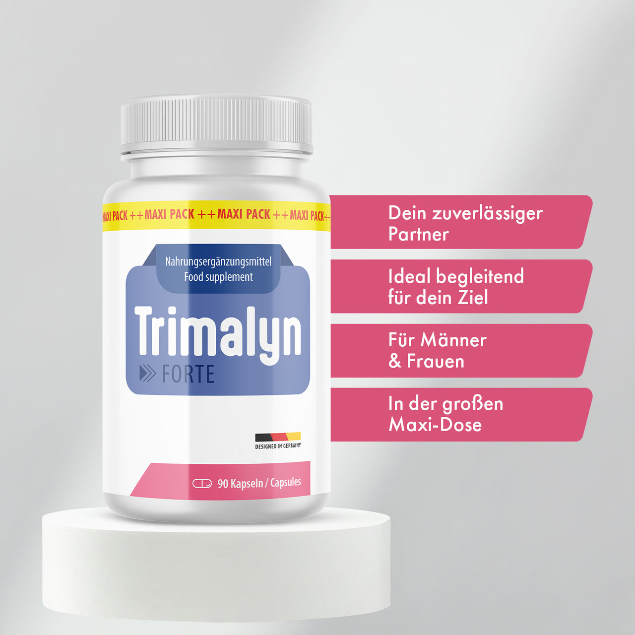 Trimalyn Forte mit 90 Kapseln; sichtbare Werbeaussagen: „Maxi-Dose“ und „für Männer & Frauen“