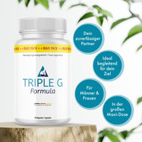 Thumbnail for Dose Triple G Formula auf Holzpodest mit blauen Infokreisen und grünen Blättern im Hintergrund