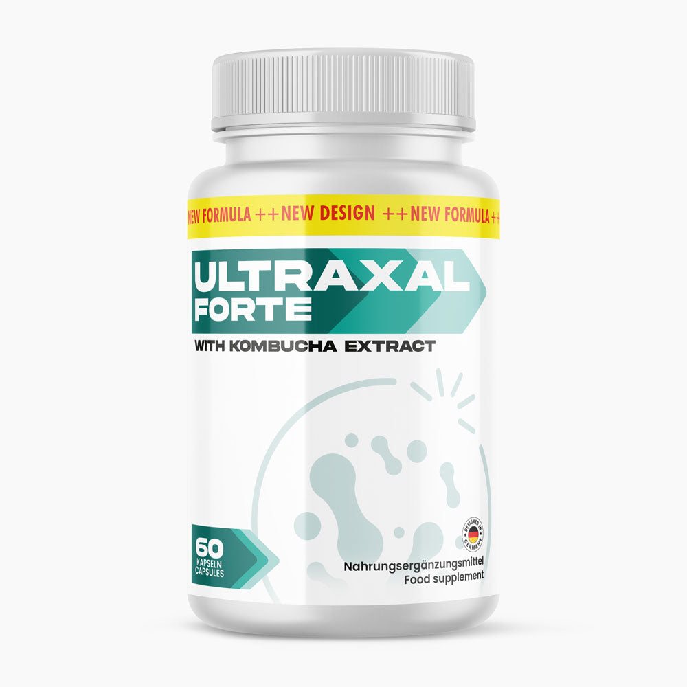 Kunststoffdose Ultraxal Forte 60 Kapseln mit grünem Etikett und Aufschrift with Kombucha Extract