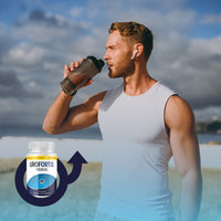 Thumbnail for Mann im weißen Sportshirt trinkt aus einem Shaker, daneben Dose Uro Fortis Premium mit Pfeil
