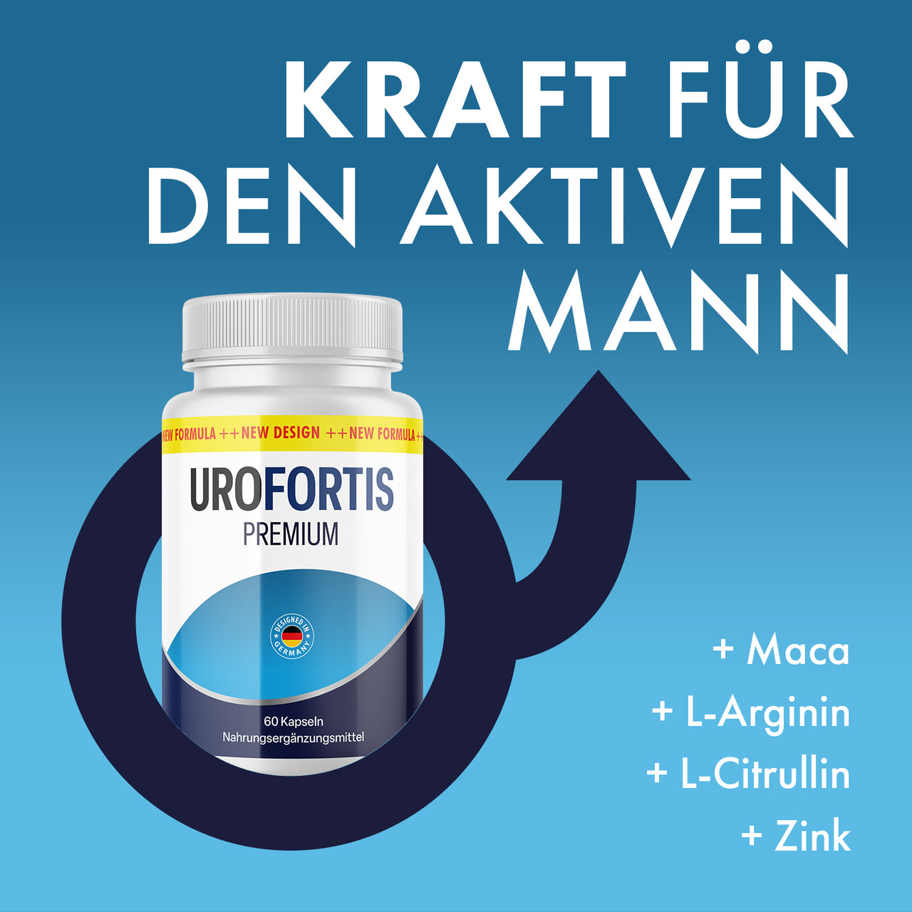 Uro Fortis Premium Dose vor blauem Hintergrund mit Text zu Maca, L-Arginin, L-Citrullin und Zink