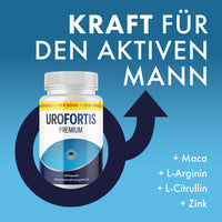 Thumbnail for Uro Fortis Premium Dose vor blauem Hintergrund mit Text zu Maca, L-Arginin, L-Citrullin und Zink