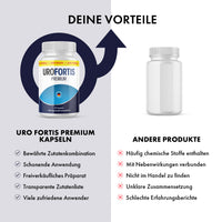 Thumbnail for Uro Fortis Premium Dose neben anderer Dose mit Vergleich von Produktmerkmalen und Bewertungssymbolen